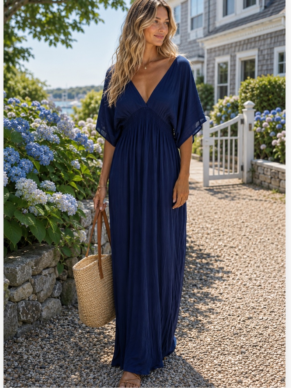 NWT Lovestitch Navy Blue V-Neck Maxi Dress Cover Up Beach Summer Vacation Casual